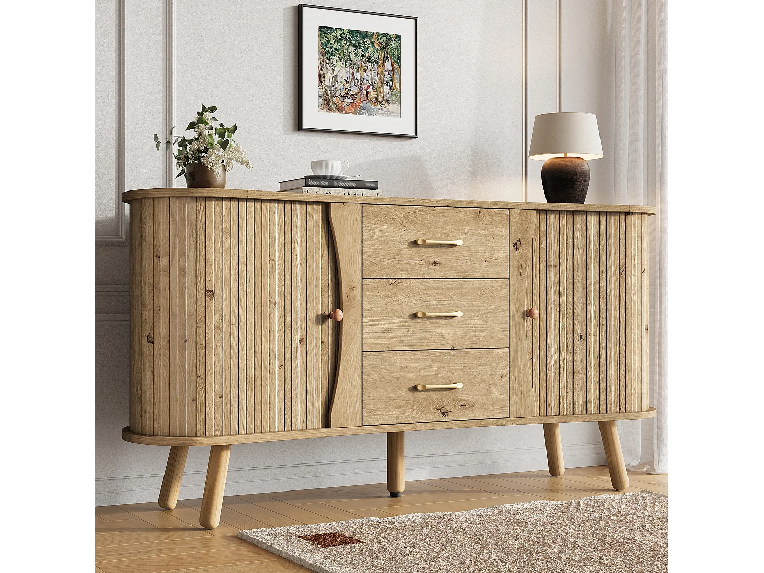 Credenza a forma di pisello 150x36,5x75 cm - 2 ante scorrevoli + 3 cassetti - Ripiani regolabili - Piedi in legno massello - Naturale