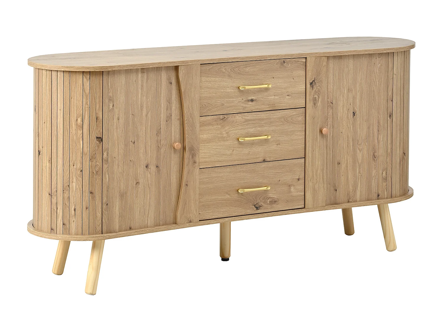 Credenza a forma di pisello 150x36,5x75 cm - 2 ante scorrevoli + 3 cassetti - Ripiani regolabili - Piedi in legno massello - Naturale