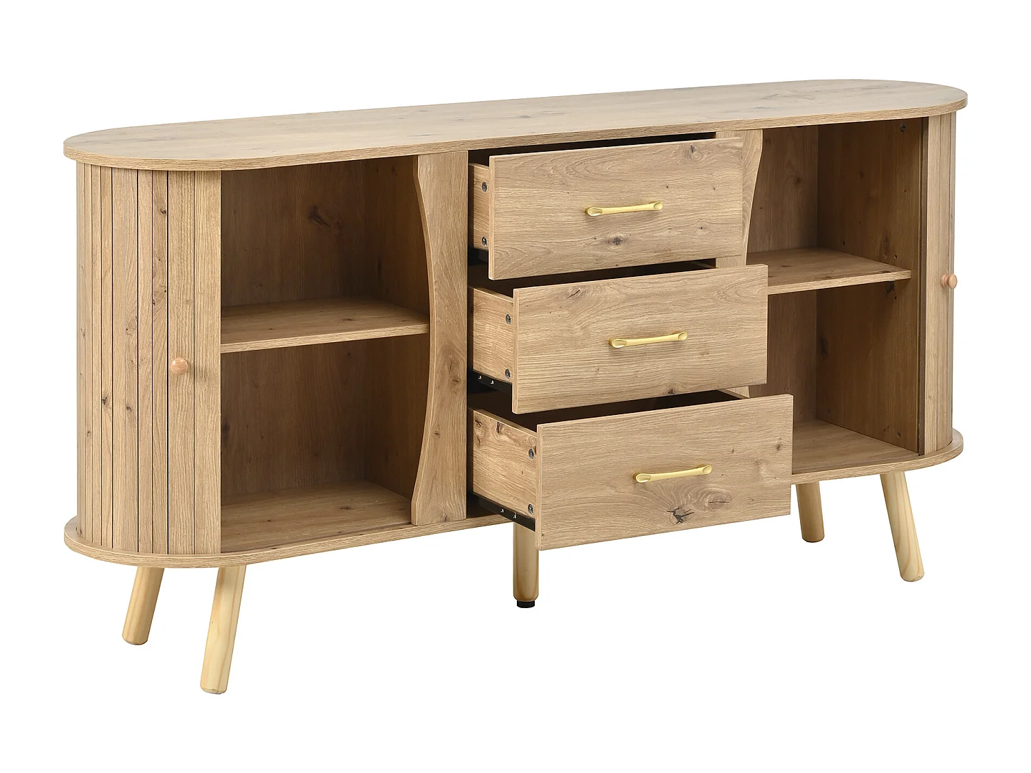 Credenza a forma di pisello 150x36,5x75 cm - 2 ante scorrevoli + 3 cassetti - Ripiani regolabili - Piedi in legno massello - Naturale