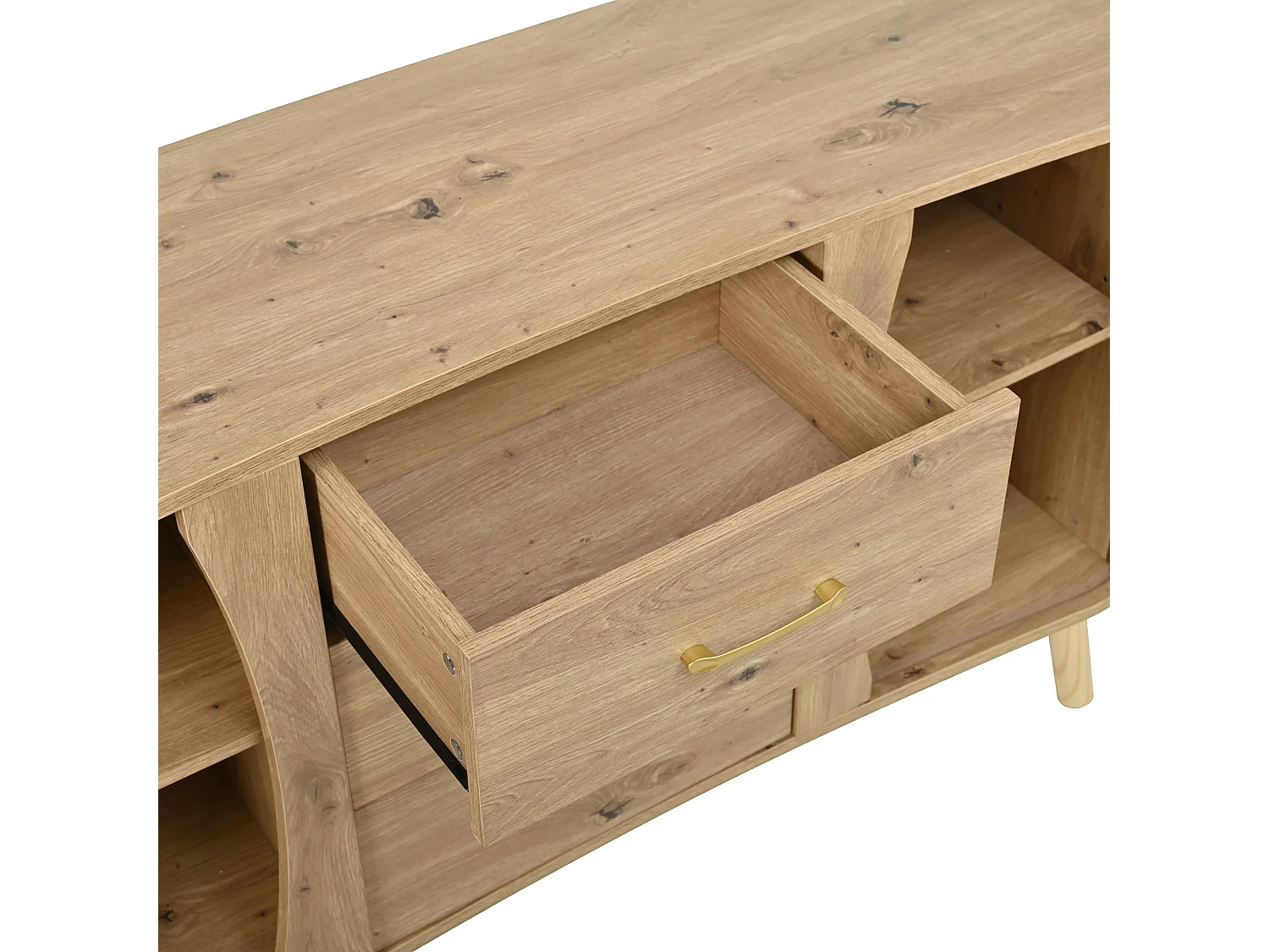 Credenza a forma di pisello 150x36,5x75 cm - 2 ante scorrevoli + 3 cassetti - Ripiani regolabili - Piedi in legno massello - Naturale