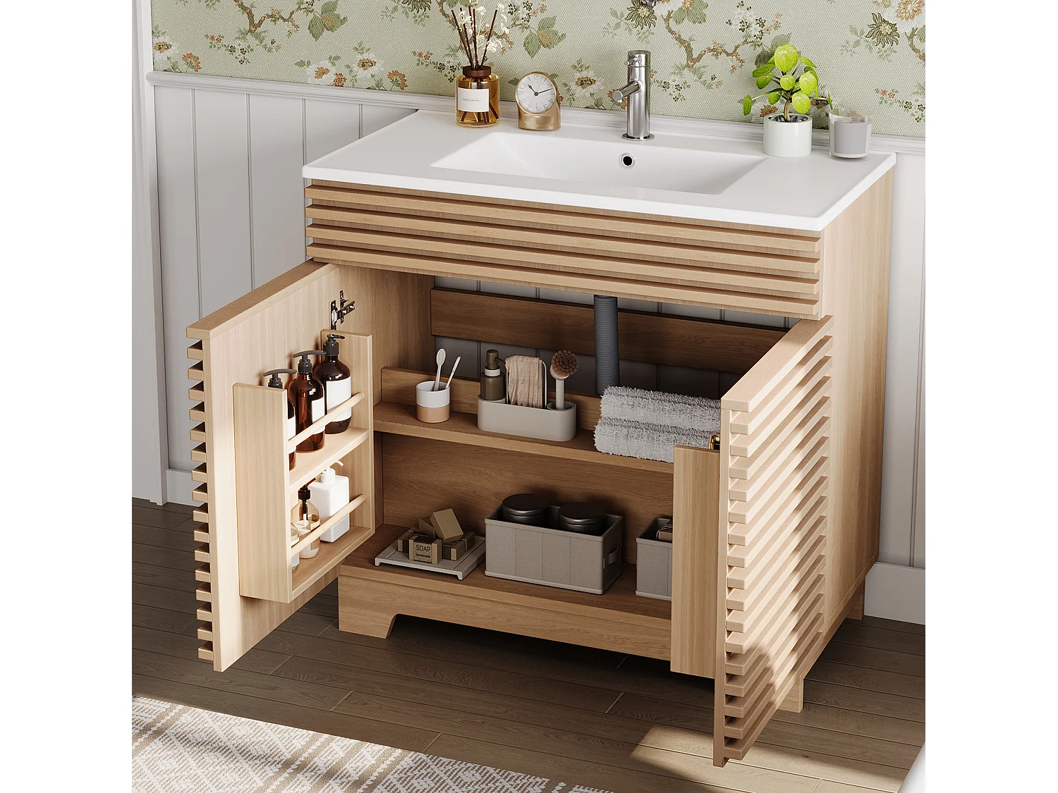 Badkamermeubel - 91 x 46 x 86,5 cm - natuurlijke afwerking - met 2 opbergdeuren + wastafel - MDF - naturel