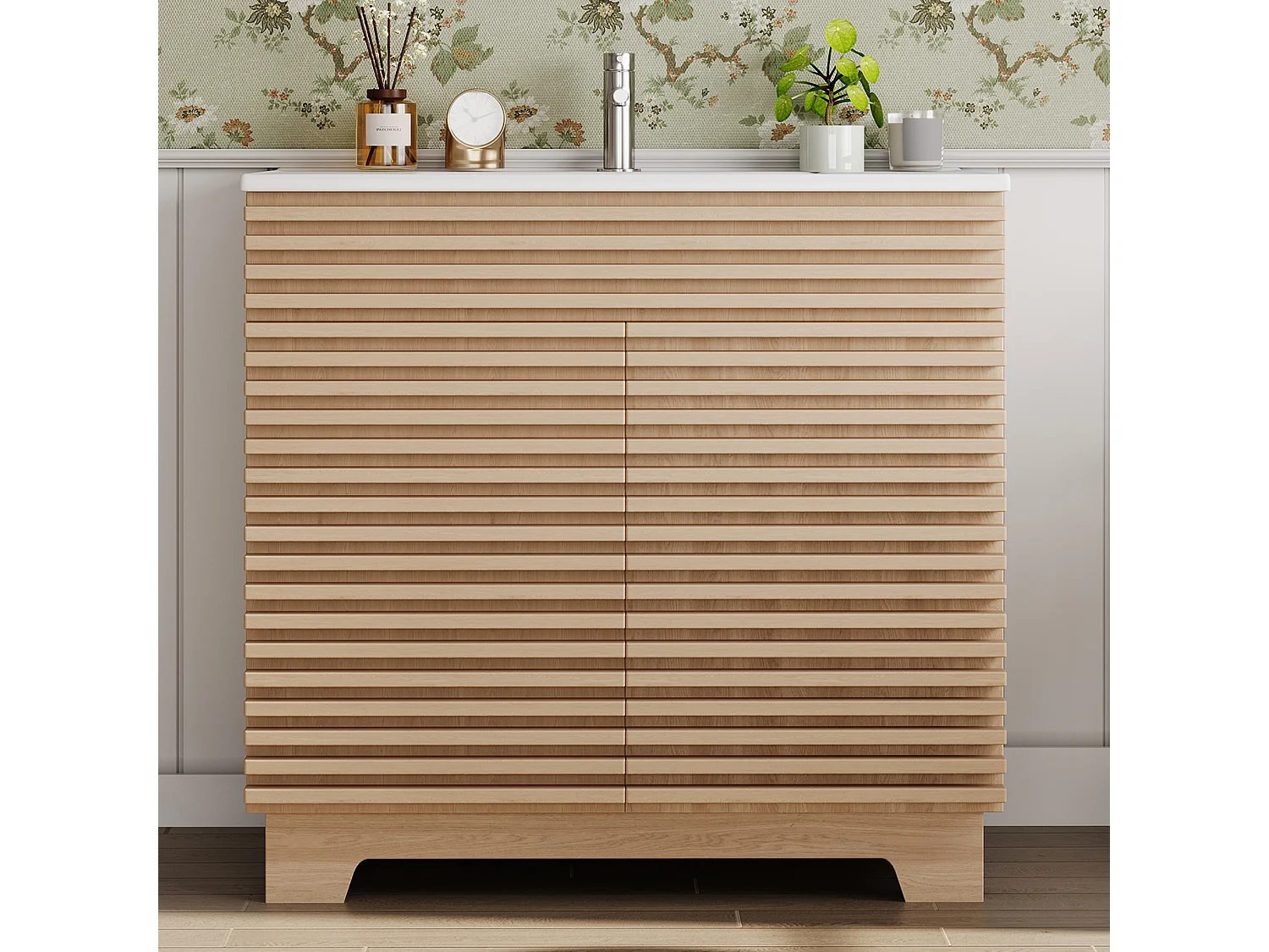 Badkamermeubel - 91 x 46 x 86,5 cm - natuurlijke afwerking - met 2 opbergdeuren + wastafel - MDF - naturel