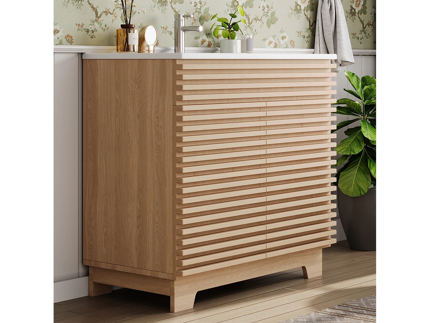 Badkamermeubel - 91 x 46 x 86,5 cm - natuurlijke afwerking - met 2 opbergdeuren + wastafel - MDF - naturel