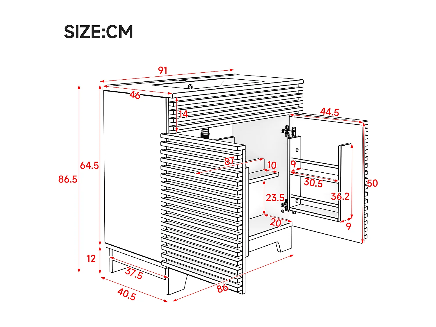 Badkamermeubel - 91 x 46 x 86,5 cm - natuurlijke afwerking - met 2 opbergdeuren + wastafel - MDF - naturel