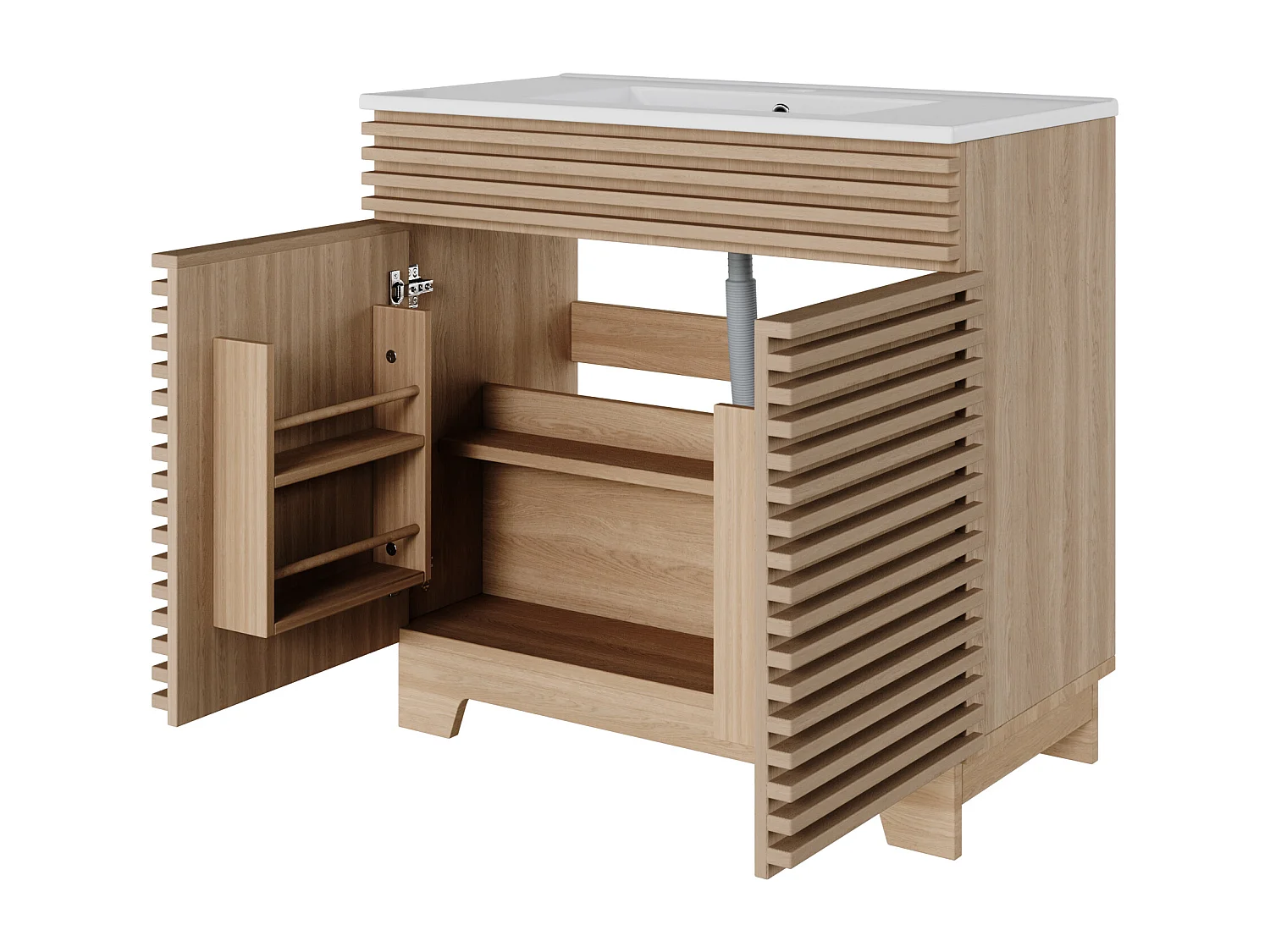 Badkamermeubel - 91 x 46 x 86,5 cm - natuurlijke afwerking - met 2 opbergdeuren + wastafel - MDF - naturel