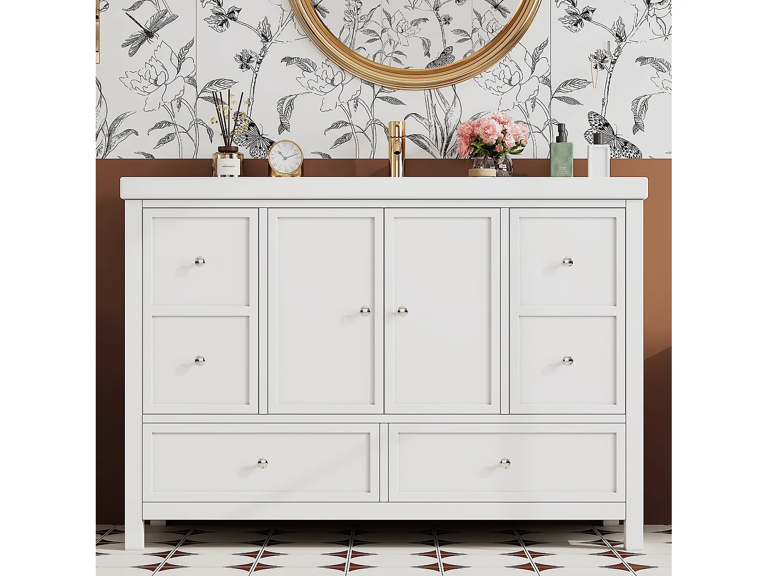 Meuble vasque de salle de bain - 120 x 50 x 86.5 cm - finition laquée - avec 4 tiroirs + portes + vasque en résine - MDF - blanc