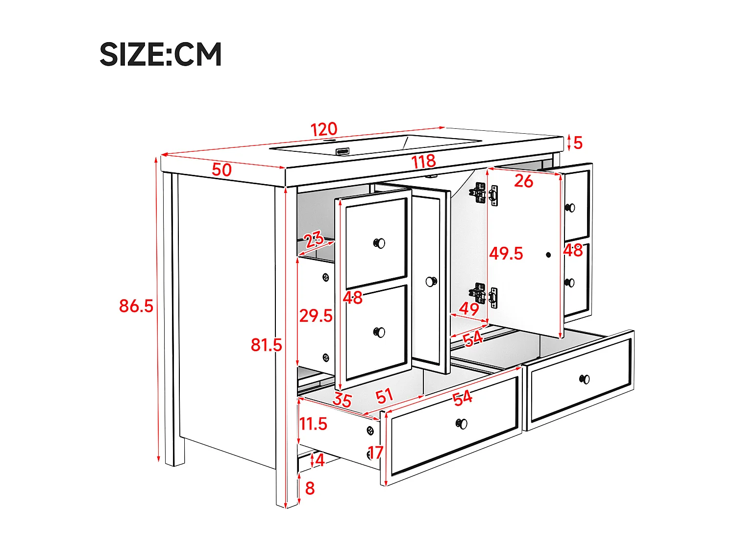 Meuble vasque de salle de bain - 120 x 50 x 86.5 cm - finition laquée - avec 4 tiroirs + portes + vasque en résine - MDF - blanc