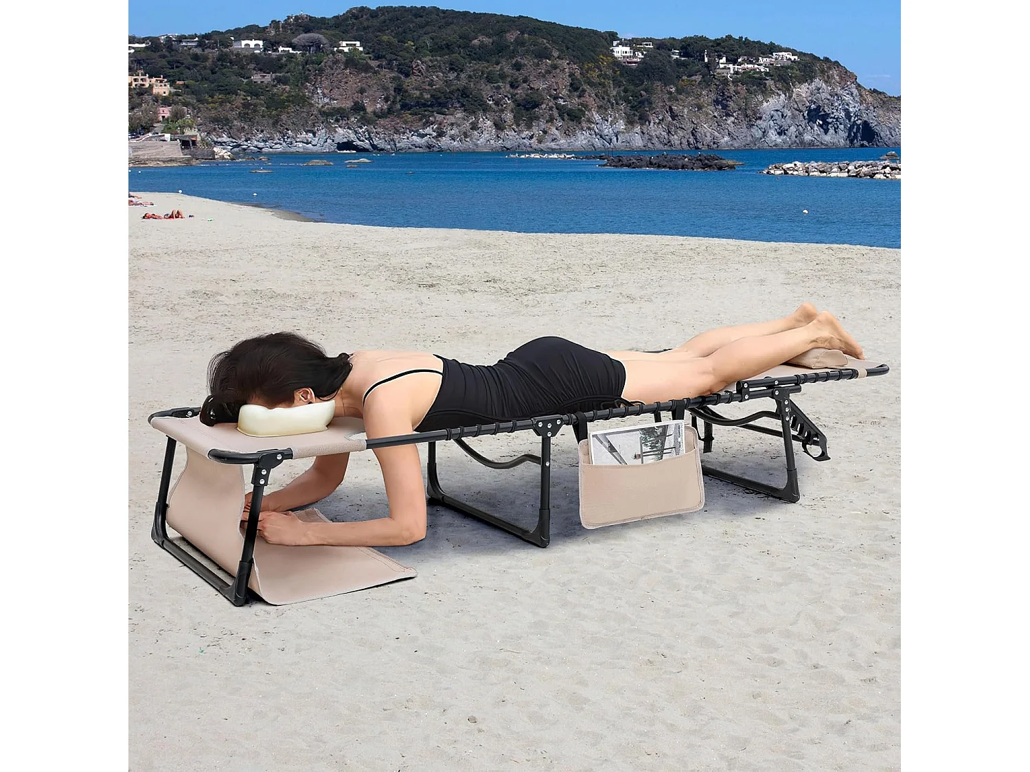 Transat Pliant 5 Positions Trou Facial Coussin Kaki