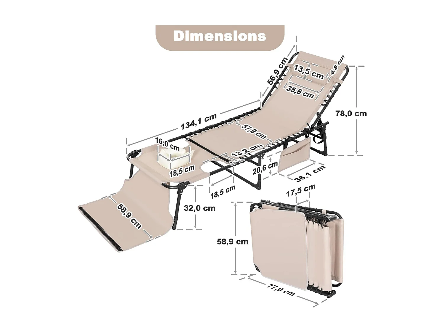 Transat Pliant 5 Positions Trou Facial Coussin Kaki