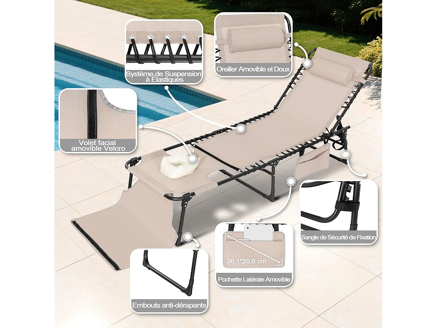 Transat Pliant 5 Positions Trou Facial Coussin Kaki