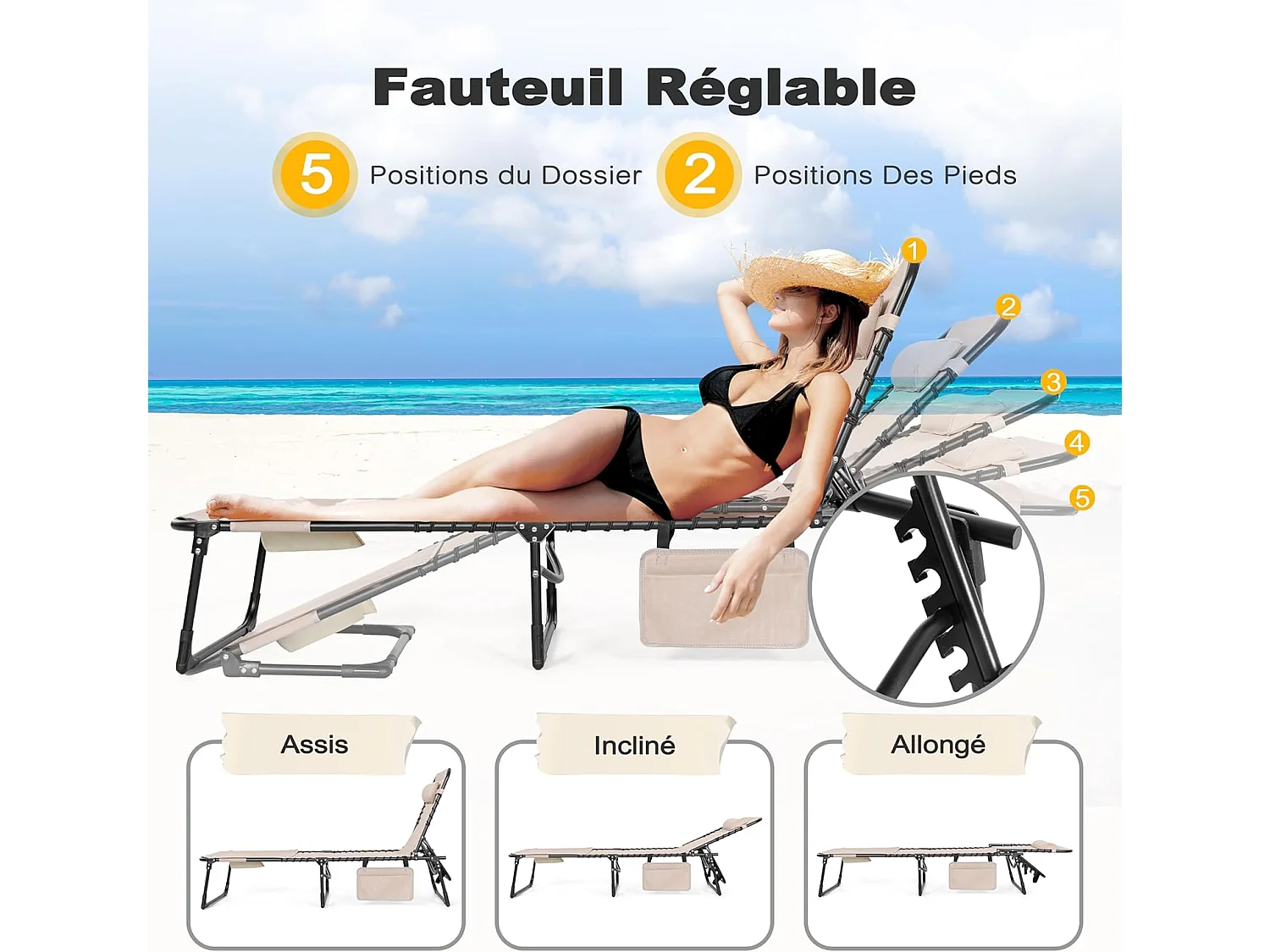 Transat Pliant 5 Positions Trou Facial Coussin Kaki