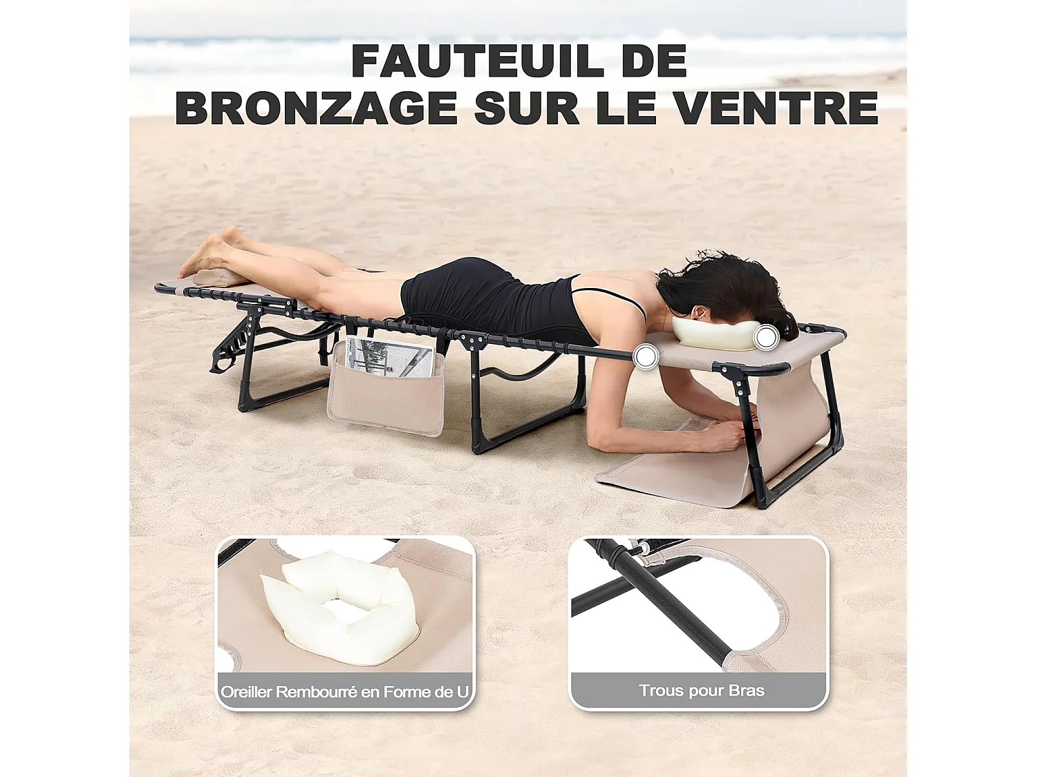 Transat Pliant 5 Positions Trou Facial Coussin Kaki