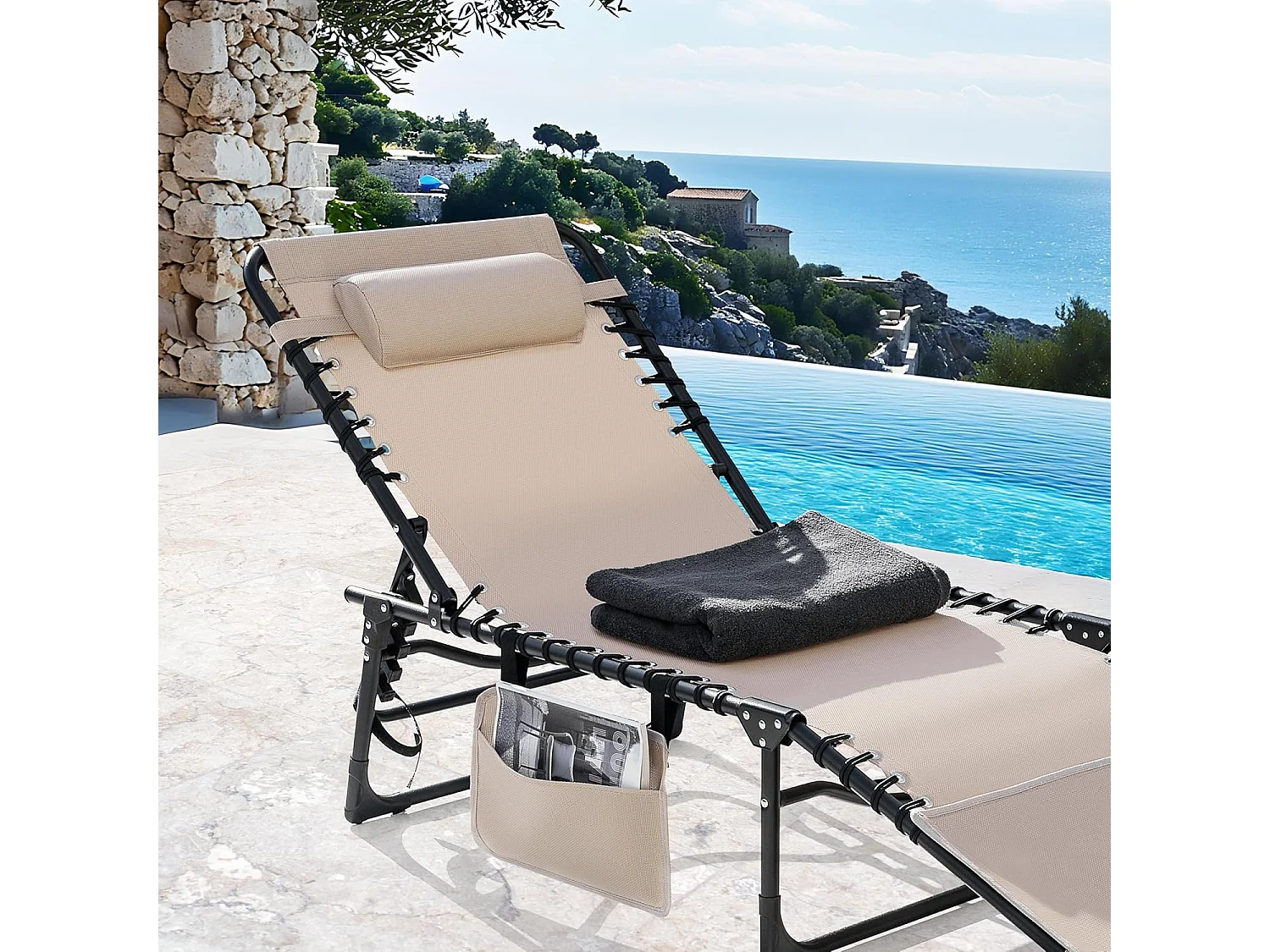 Transat Pliant 5 Positions Trou Facial Coussin Kaki