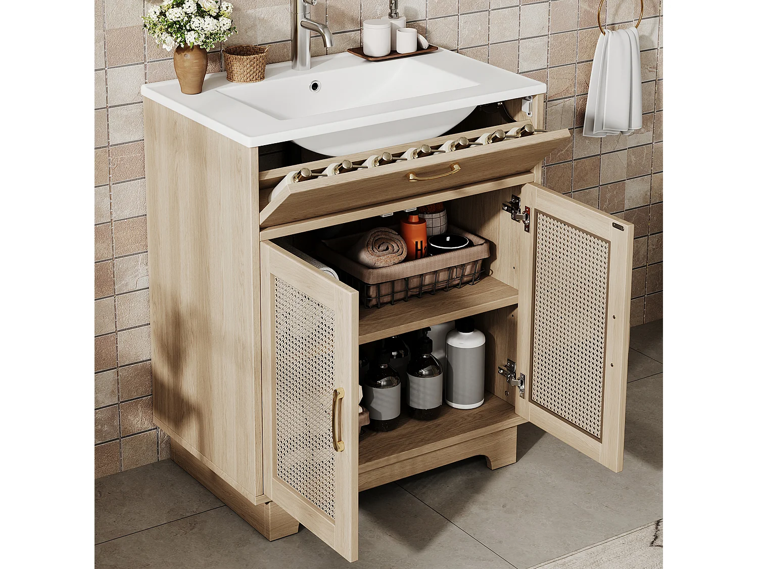 Szafka łazienkowa pod umywalkę - 76 x 46 x 88 cm - wykończenie naturalne - z 2 drzwiami + podnoszonymi szufladami + umywalką - MDF - naturalne