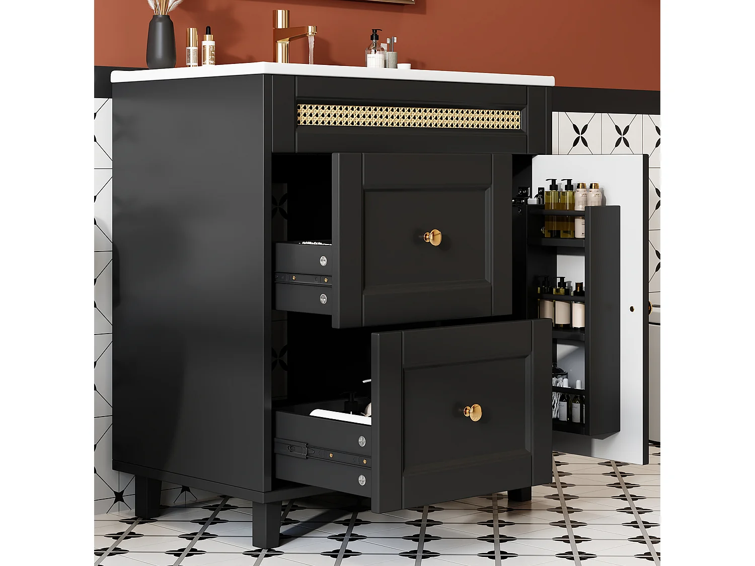 Badkamermeubel - 76 x 46 x 86,5 cm - gelakte afwerking - met 2 lades + opbergdeur + wasbak - MDF - zwart