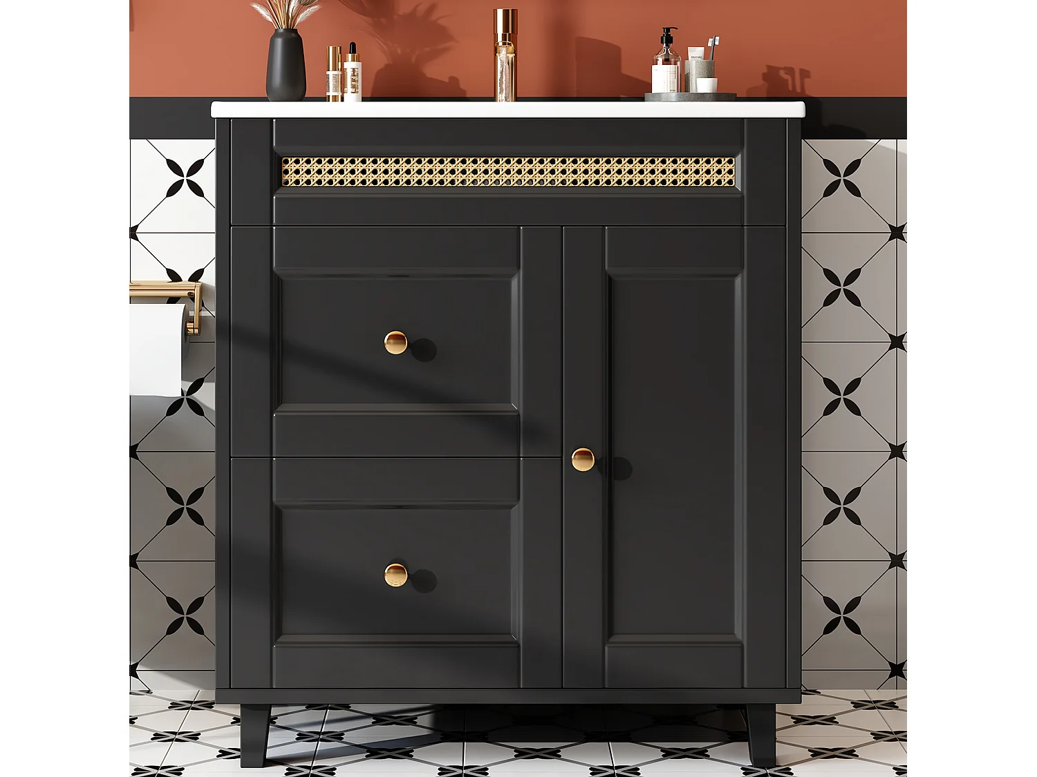 Badkamermeubel - 76 x 46 x 86,5 cm - gelakte afwerking - met 2 lades + opbergdeur + wasbak - MDF - zwart