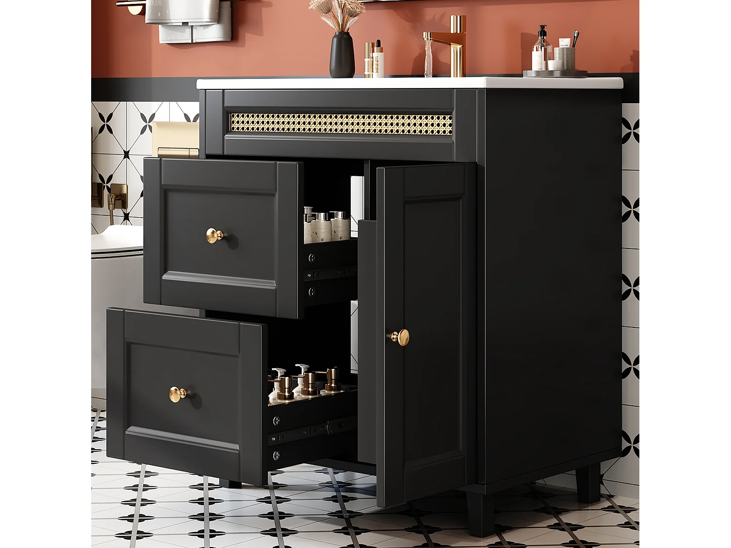 Badkamermeubel - 76 x 46 x 86,5 cm - gelakte afwerking - met 2 lades + opbergdeur + wasbak - MDF - zwart