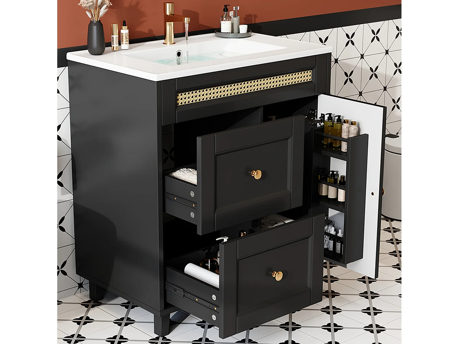 Badkamermeubel - 76 x 46 x 86,5 cm - gelakte afwerking - met 2 lades + opbergdeur + wasbak - MDF - zwart