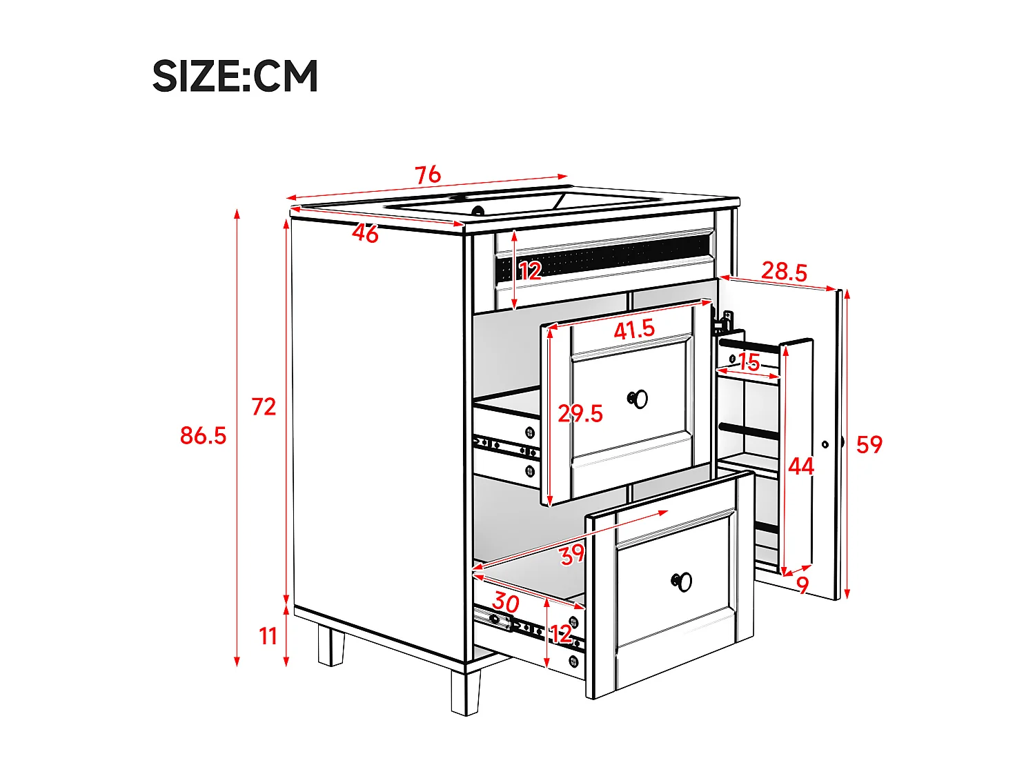 Badkamermeubel - 76 x 46 x 86,5 cm - gelakte afwerking - met 2 lades + opbergdeur + wasbak - MDF - zwart
