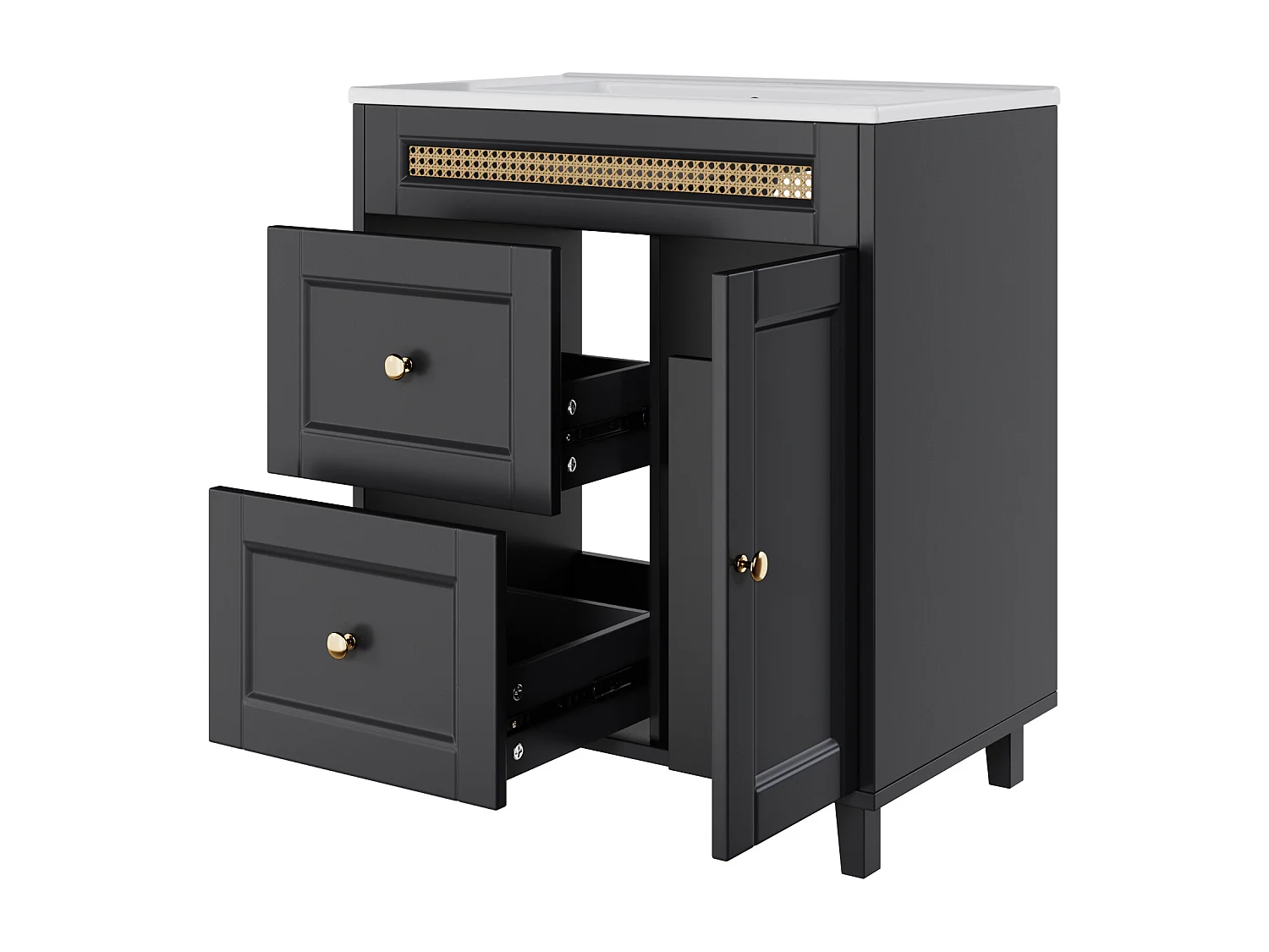 Badkamermeubel - 76 x 46 x 86,5 cm - gelakte afwerking - met 2 lades + opbergdeur + wasbak - MDF - zwart