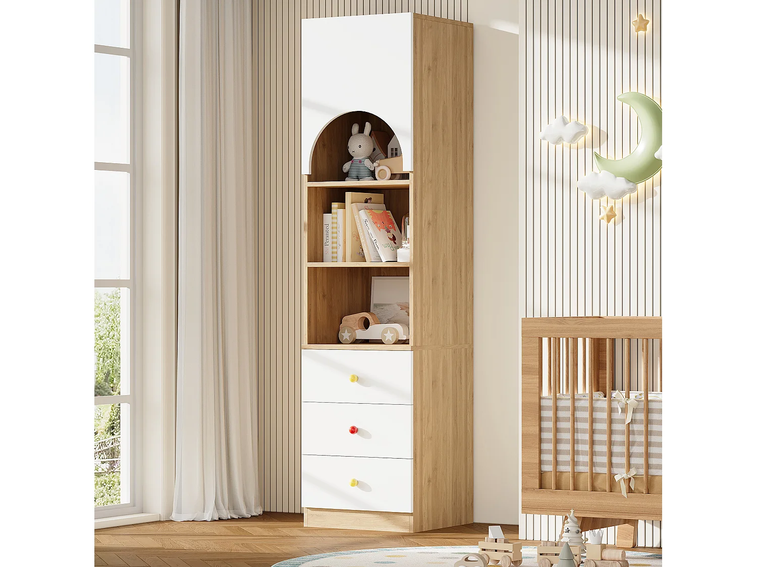 Mehrstufiges Bücherregal/Aufbewahrungsschrank 50x50x200 cm - 3 Schubladen und 1 gebogene Tür - 3 Regale - Keramikgriffe - Weiß