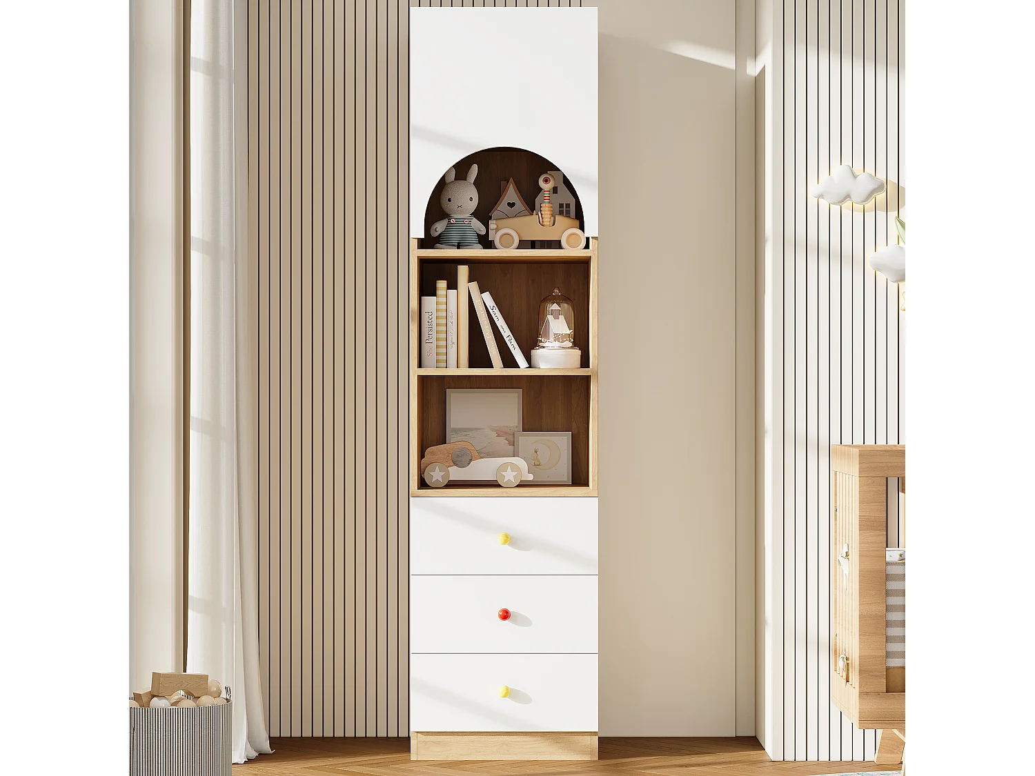 Mehrstufiges Bücherregal/Aufbewahrungsschrank 50x50x200 cm - 3 Schubladen und 1 gebogene Tür - 3 Regale - Keramikgriffe - Weiß