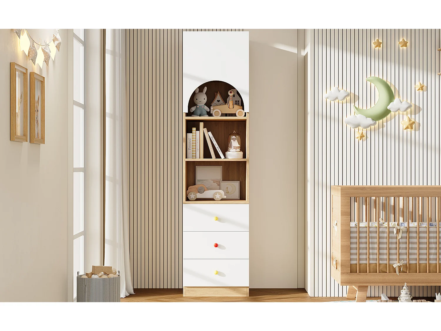 Mehrstufiges Bücherregal/Aufbewahrungsschrank 50x50x200 cm - 3 Schubladen und 1 gebogene Tür - 3 Regale - Keramikgriffe - Weiß