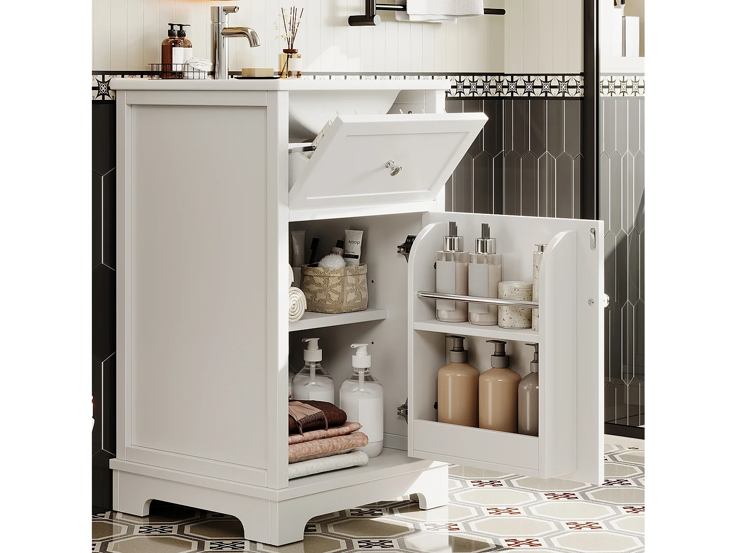 Meuble vasque de salle de bain - 51 x 46 x 87 cm - finition laquée - avec tiroir + porte de rangement + vasque - MDF - blanc