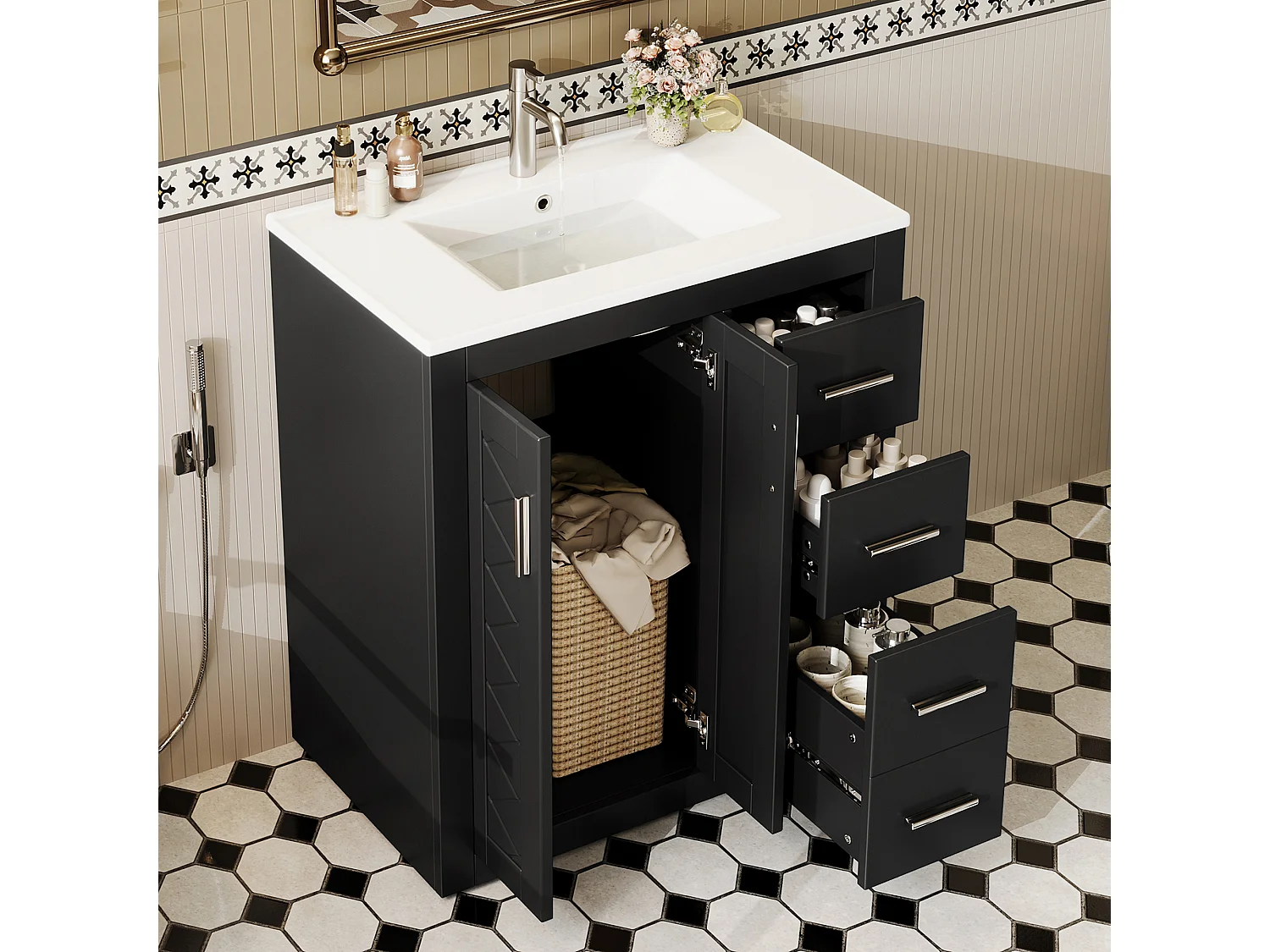 Meuble vasque de salle de bain - 76 x 46.5 x 85.5 cm - finition laquée - avec tiroirs + porte + vasque - MDF - noir