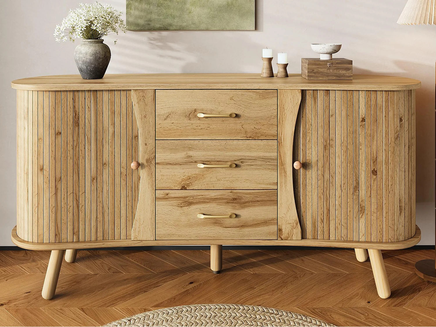 Buffet en forme de pois 150x36.5x75 cm - 2 portes coulissantes + 3 tiroirs - Étagères réglables - Pieds en bois - Naturel