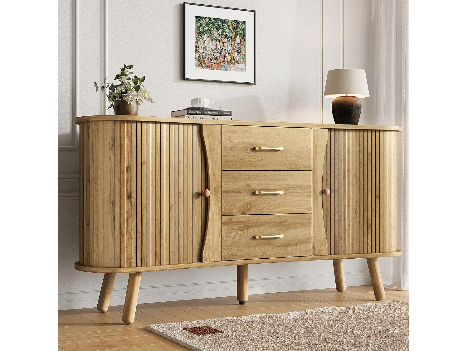 Buffet en forme de pois 150x36.5x75 cm - 2 portes coulissantes + 3 tiroirs - Étagères réglables - Pieds en bois - Naturel