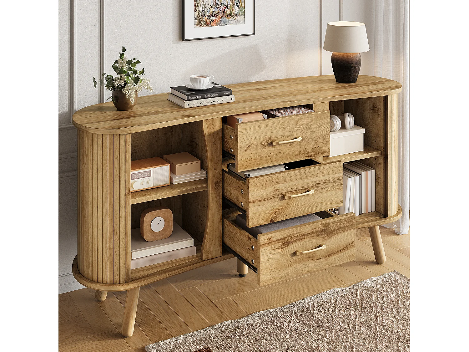 Buffet en forme de pois 150x36.5x75 cm - 2 portes coulissantes + 3 tiroirs - Étagères réglables - Pieds en bois - Naturel