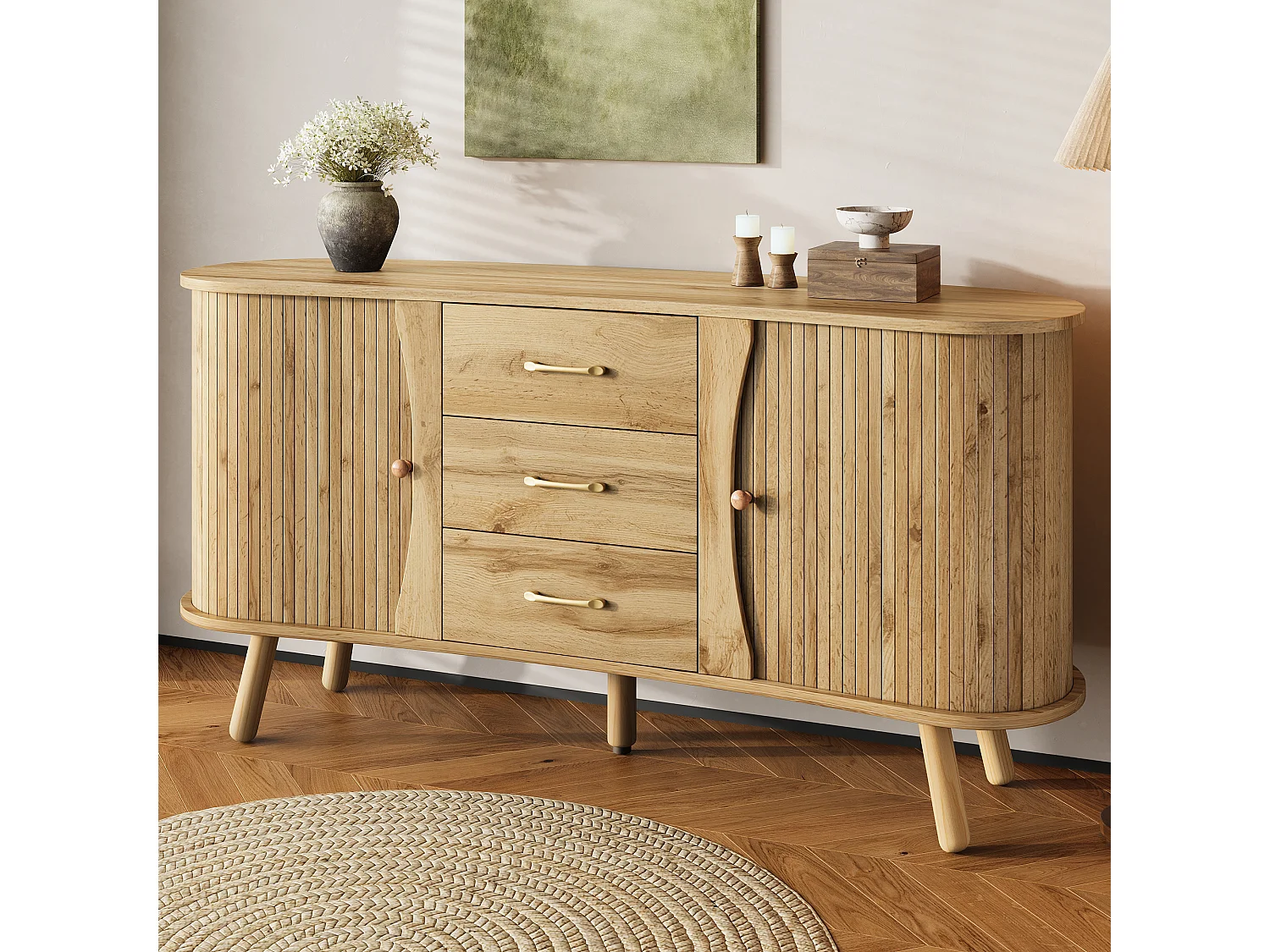 Buffet en forme de pois 150x36.5x75 cm - 2 portes coulissantes + 3 tiroirs - Étagères réglables - Pieds en bois - Naturel