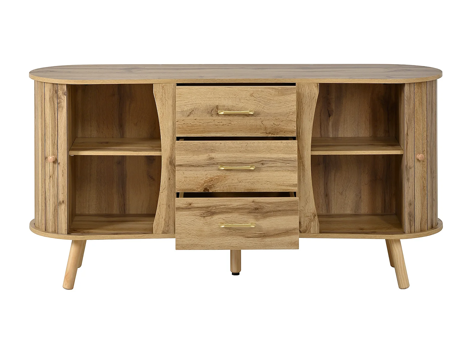 Buffet en forme de pois 150x36.5x75 cm - 2 portes coulissantes + 3 tiroirs - Étagères réglables - Pieds en bois - Naturel
