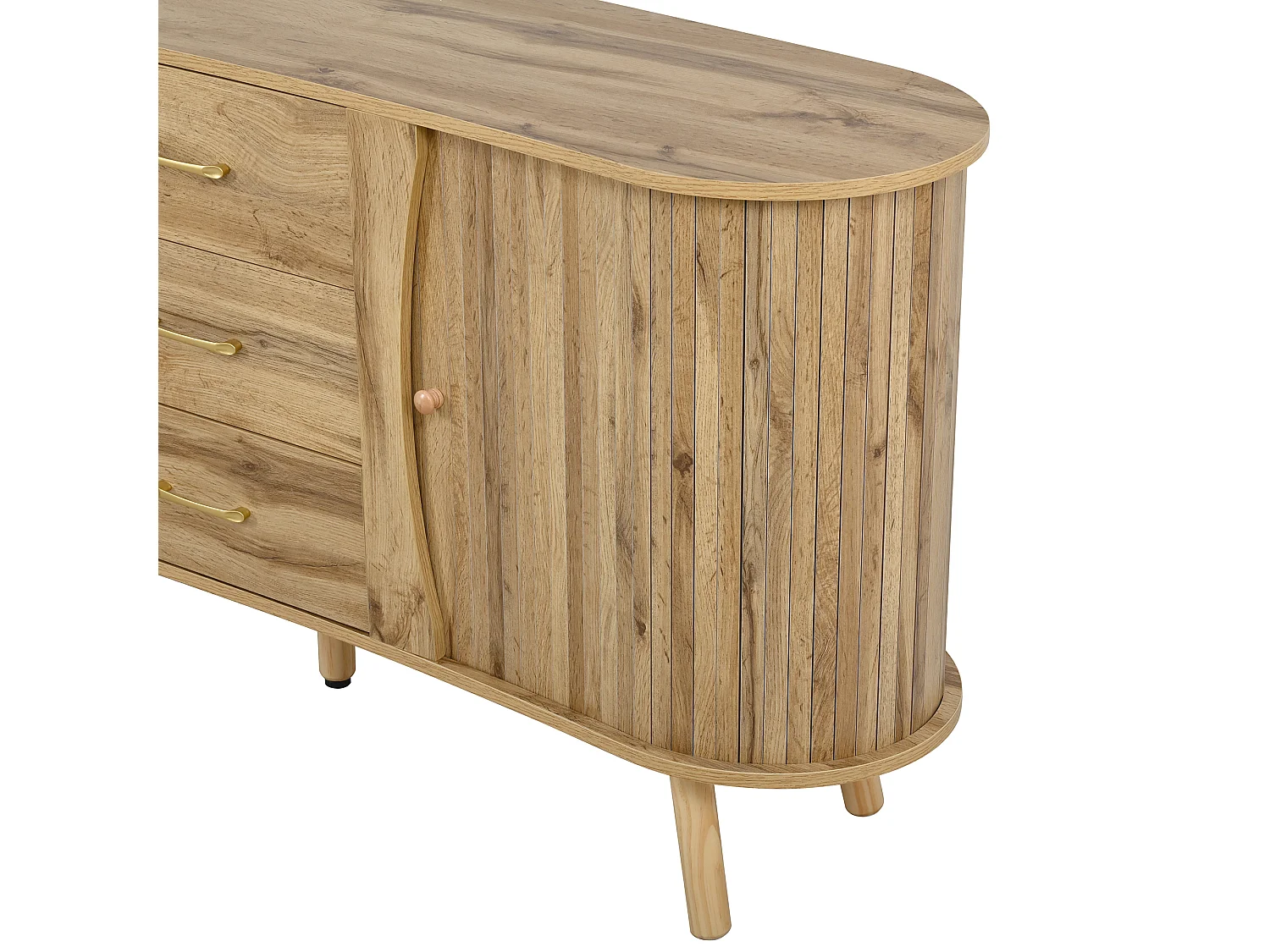 Buffet en forme de pois 150x36.5x75 cm - 2 portes coulissantes + 3 tiroirs - Étagères réglables - Pieds en bois - Naturel