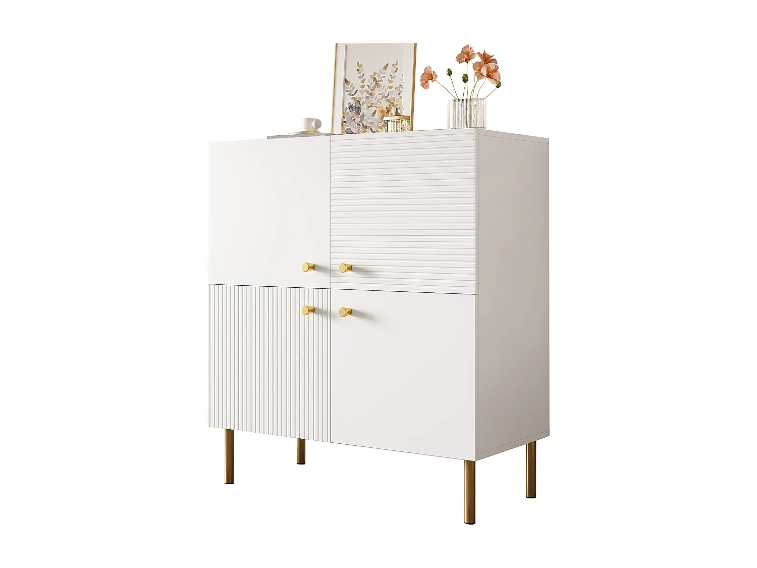 Buffet moderne 80x36x90 cm - Avec 4 portes - Poignées en alliage de zinc et pieds en acier - MDF - Blanc