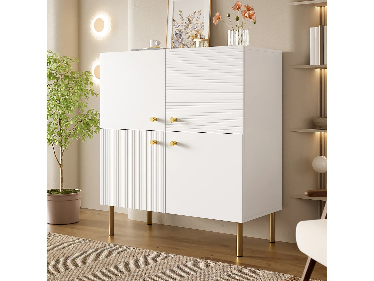 Buffet moderne 80x36x90 cm - Avec 4 portes - Poignées en alliage de zinc et pieds en acier - MDF - Blanc