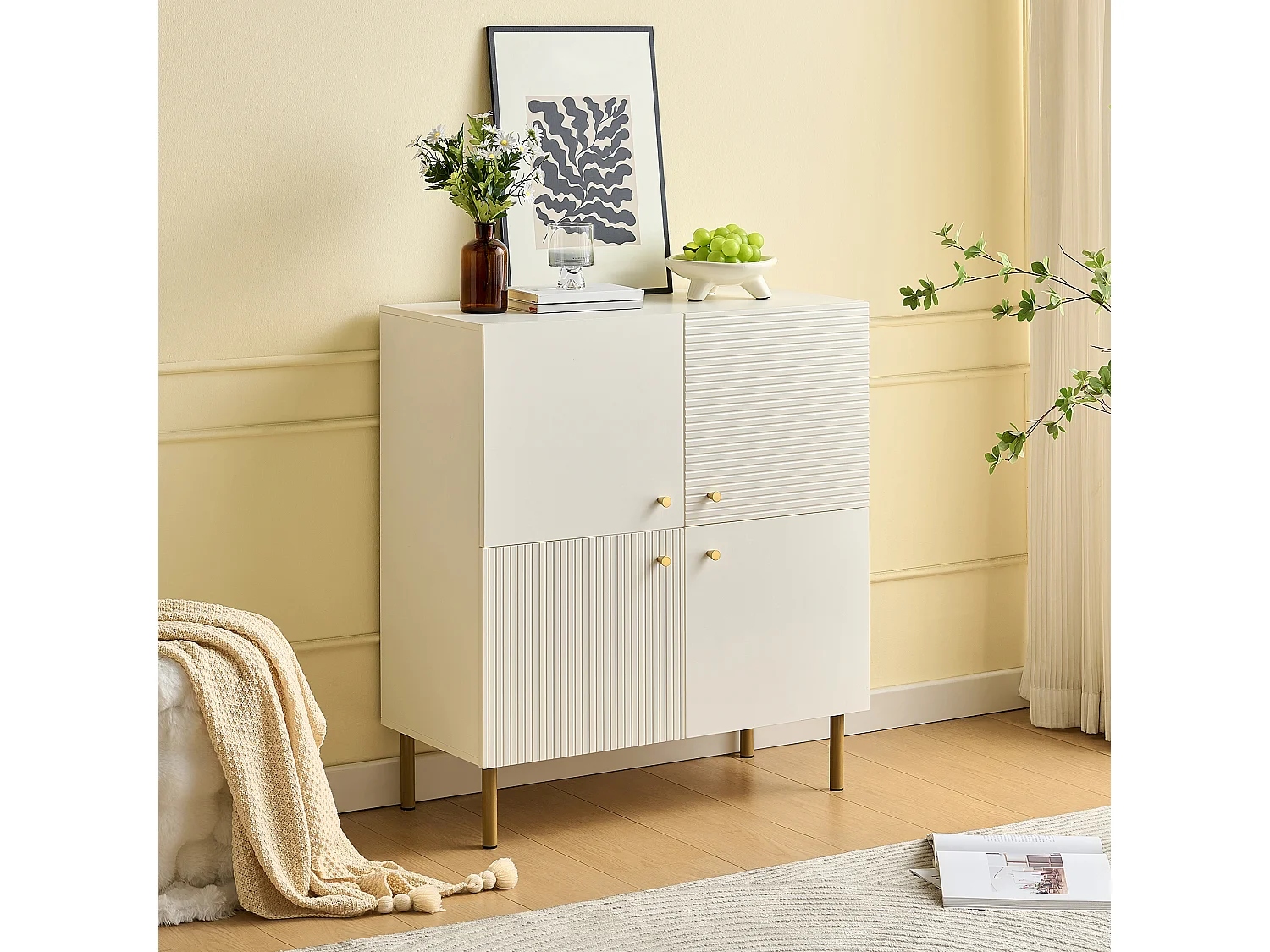 Buffet moderne 80x36x90 cm - Avec 4 portes - Poignées en alliage de zinc et pieds en acier - MDF - Blanc