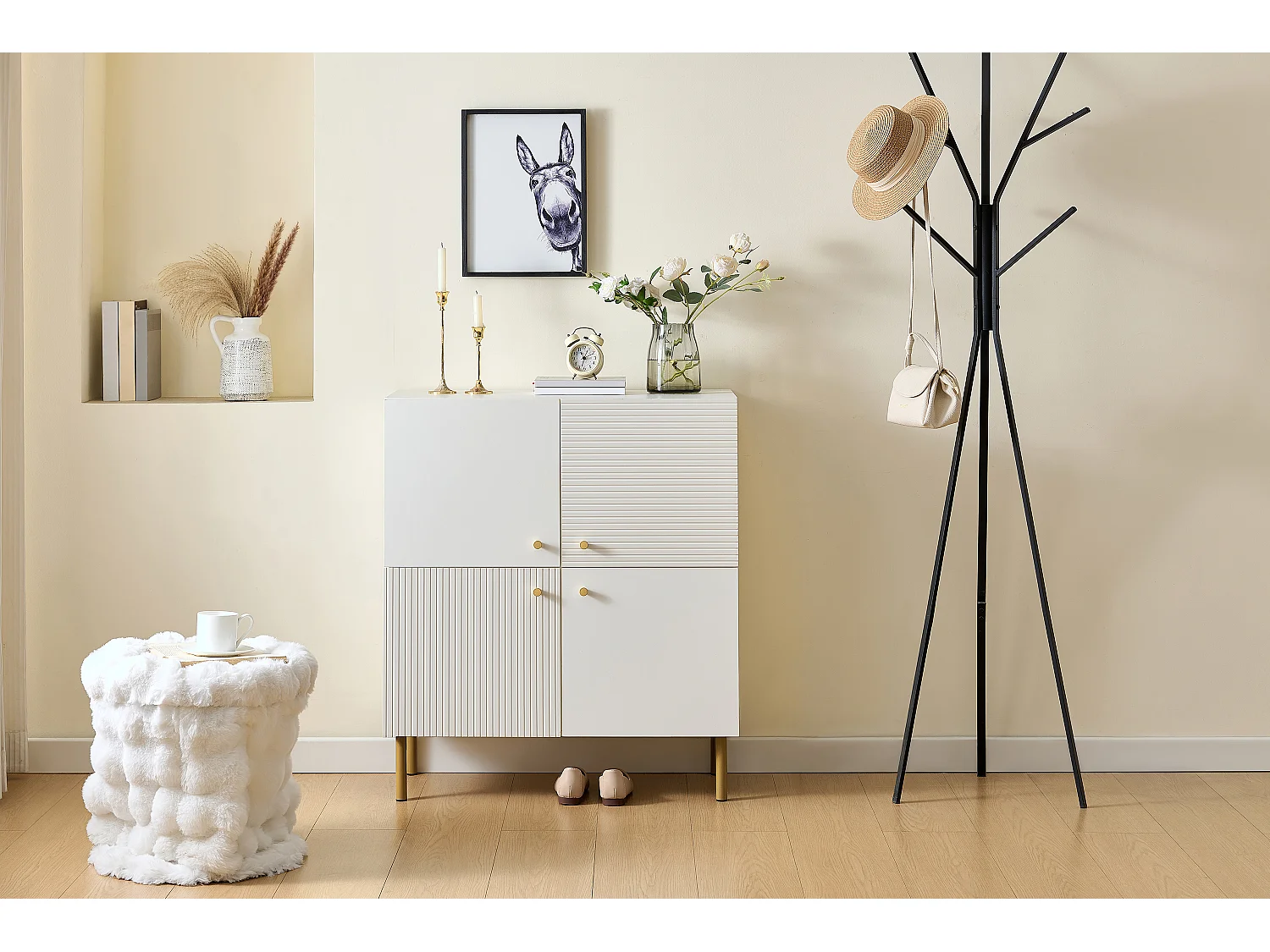 Buffet moderne 80x36x90 cm - Avec 4 portes - Poignées en alliage de zinc et pieds en acier - MDF - Blanc