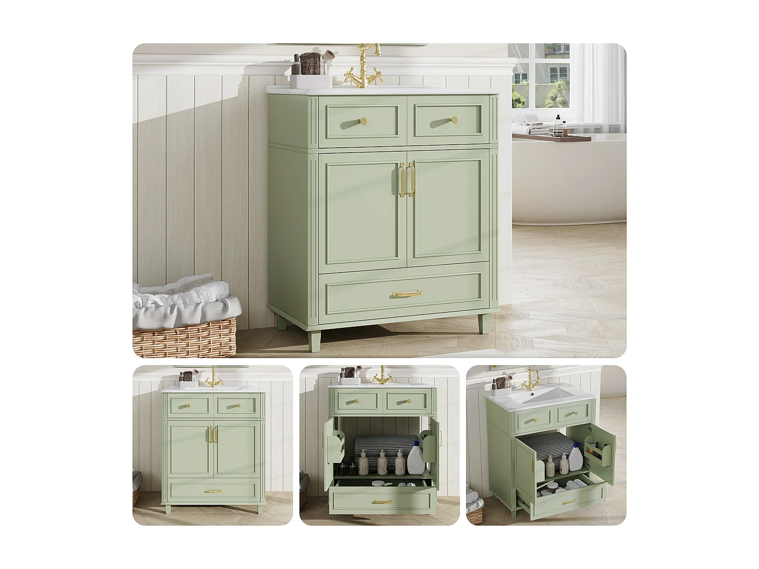 Meuble vasque en céramique de salle de bain - 81 x 45.5 x 86.5 cm - avec tiroir + portes - MDF - vert