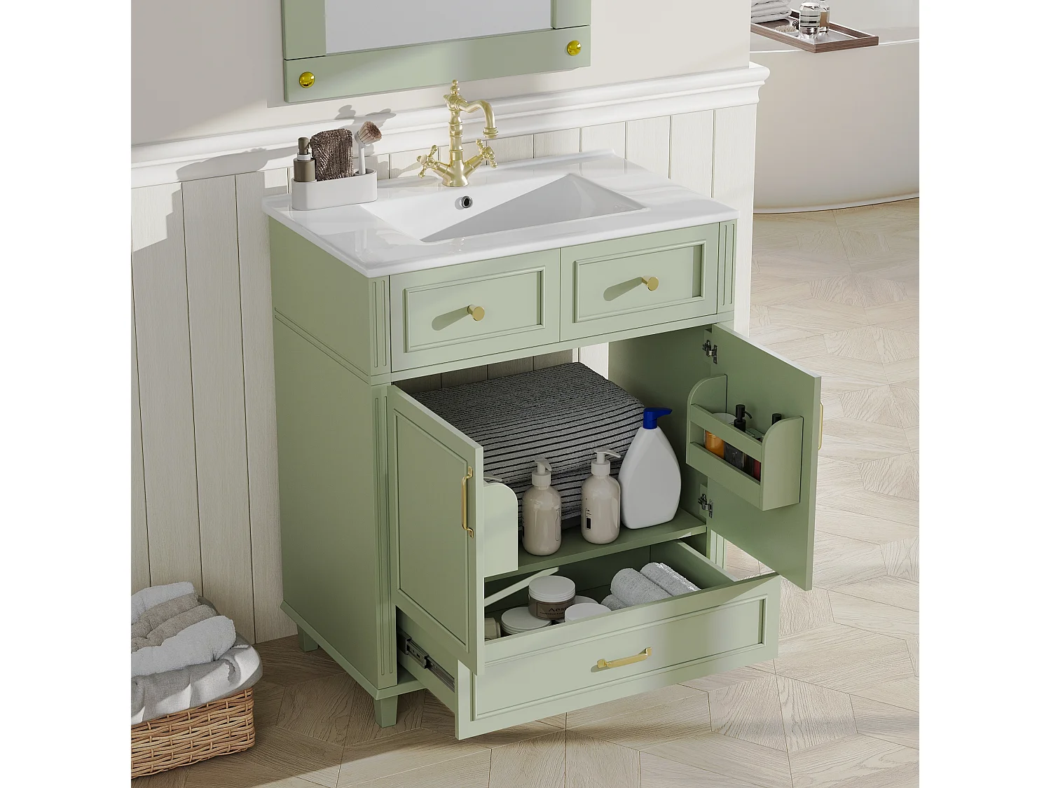 Meuble vasque en céramique de salle de bain - 81 x 45.5 x 86.5 cm - avec tiroir + portes - MDF - vert