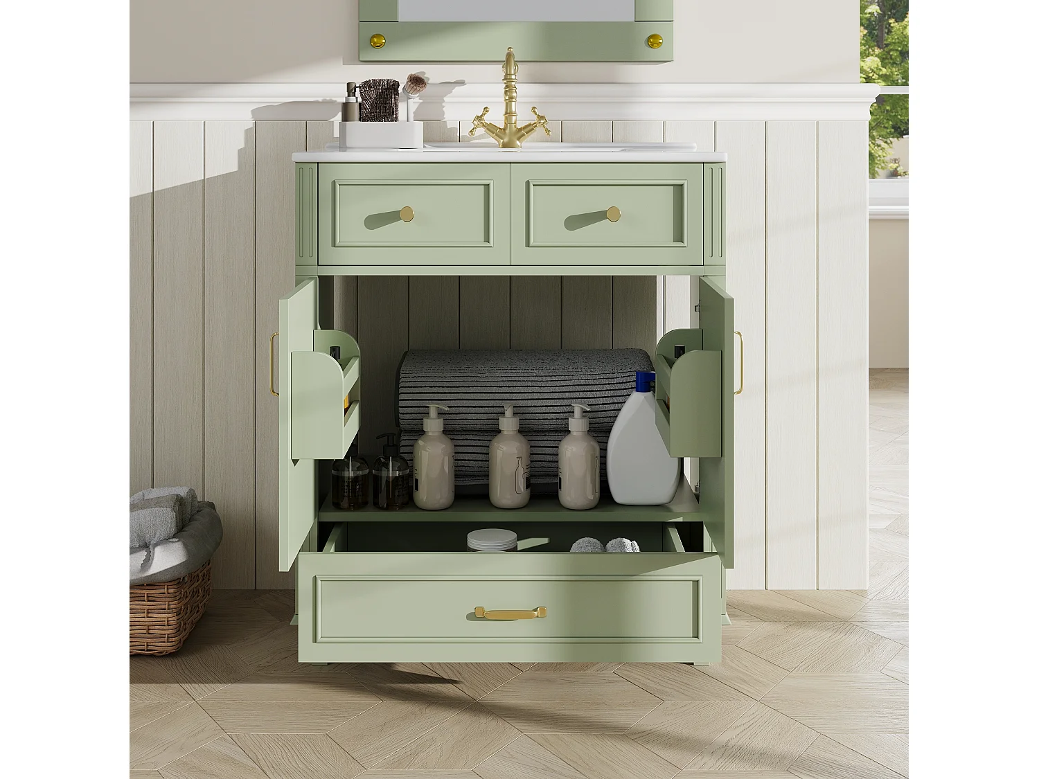 Meuble vasque en céramique de salle de bain - 81 x 45.5 x 86.5 cm - avec tiroir + portes - MDF - vert