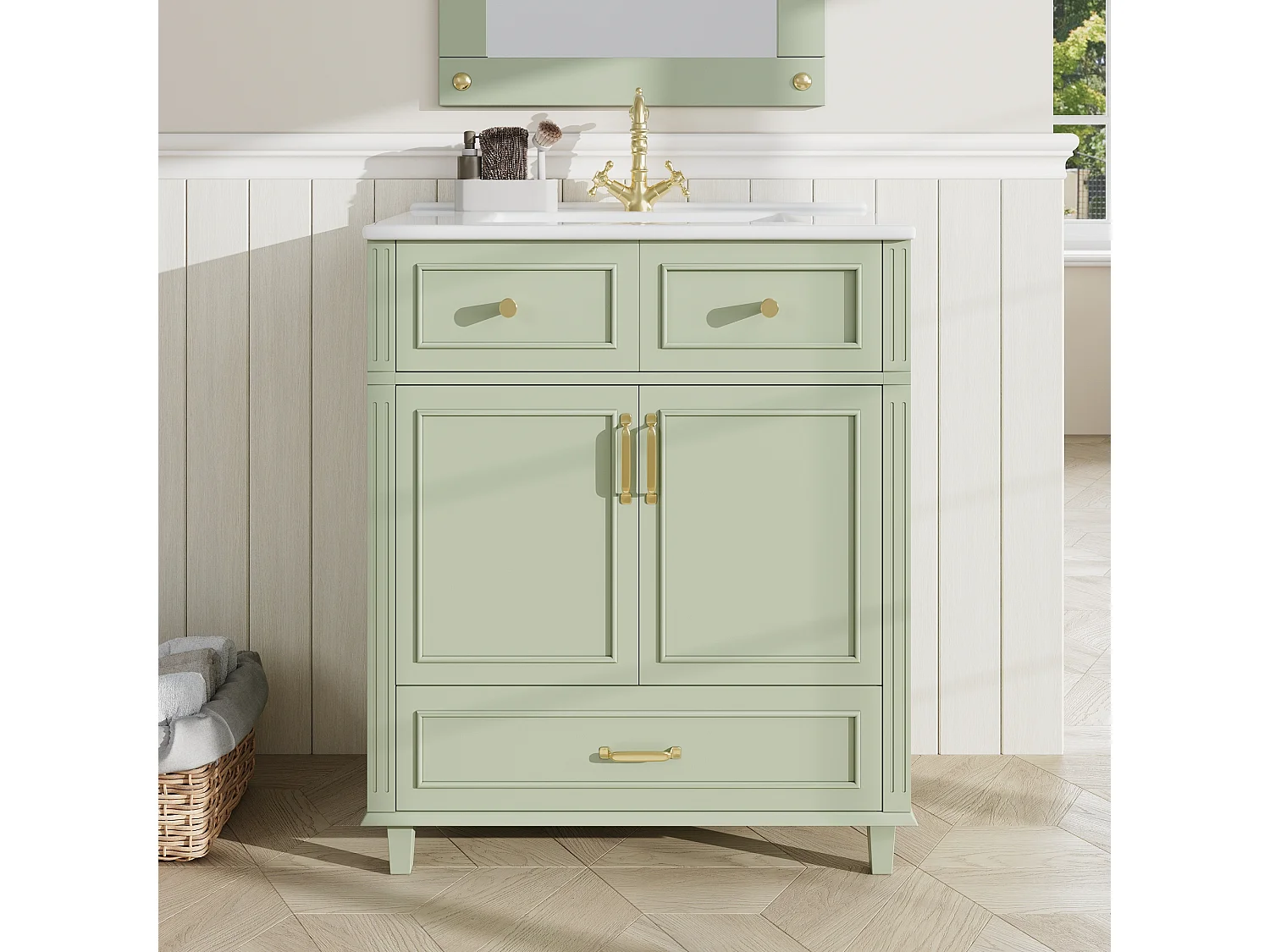 Meuble vasque en céramique de salle de bain - 81 x 45.5 x 86.5 cm - avec tiroir + portes - MDF - vert