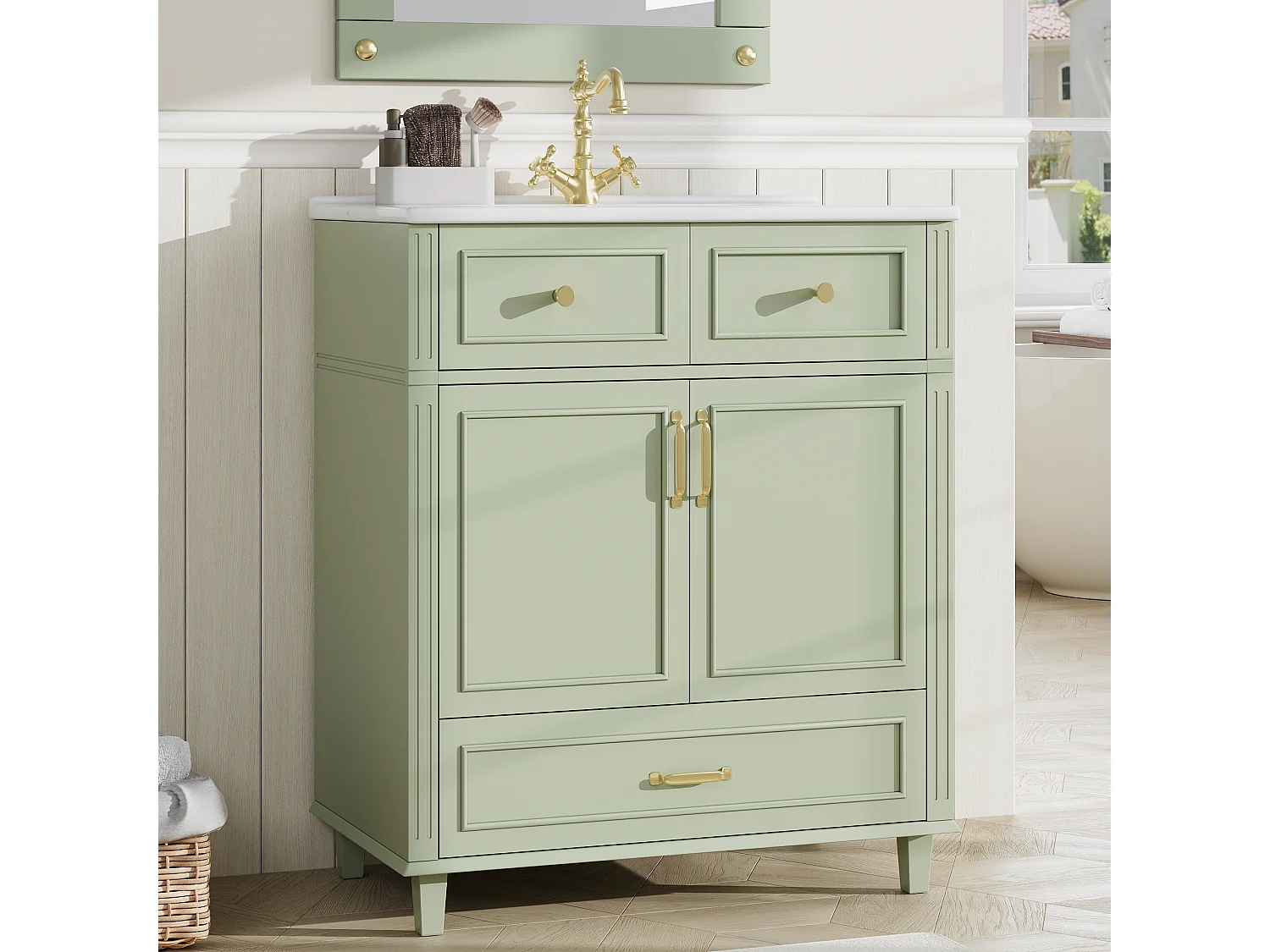 Meuble vasque en céramique de salle de bain - 81 x 45.5 x 86.5 cm - avec tiroir + portes - MDF - vert