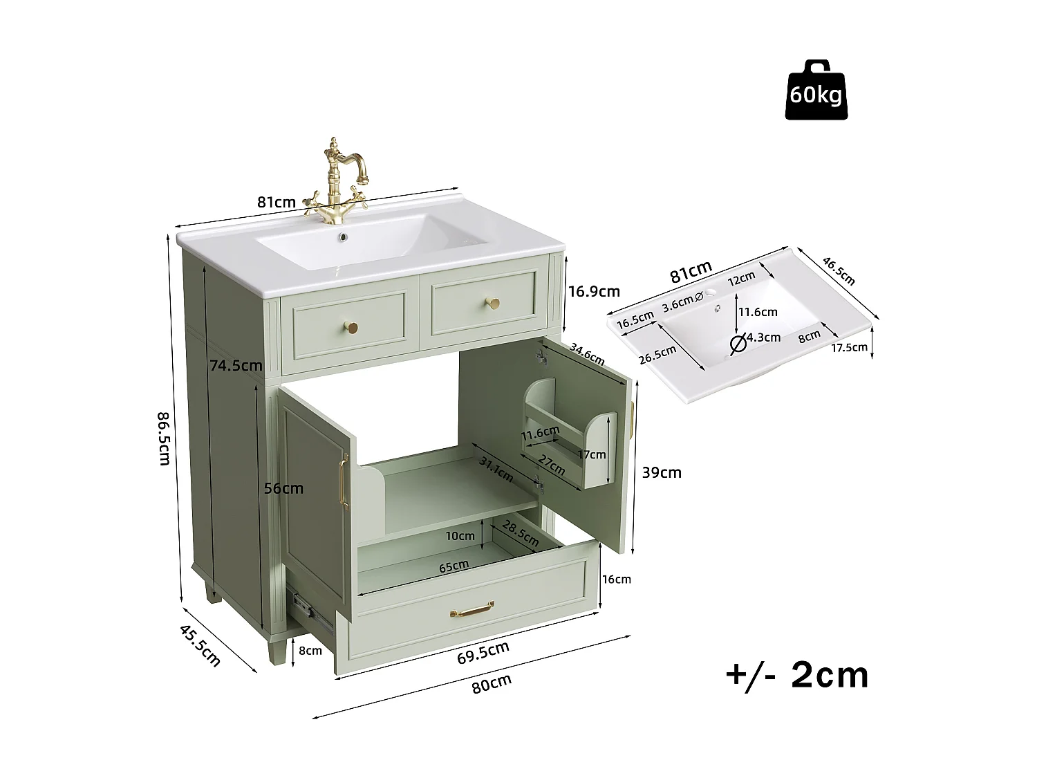 Meuble vasque en céramique de salle de bain - 81 x 45.5 x 86.5 cm - avec tiroir + portes - MDF - vert