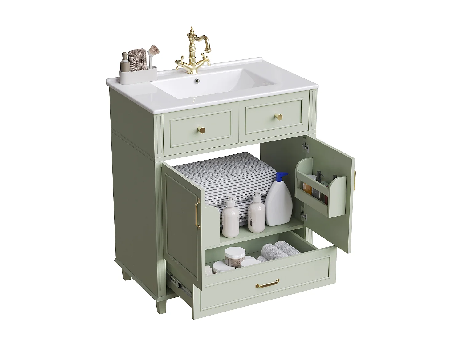 Meuble vasque en céramique de salle de bain - 81 x 45.5 x 86.5 cm - avec tiroir + portes - MDF - vert