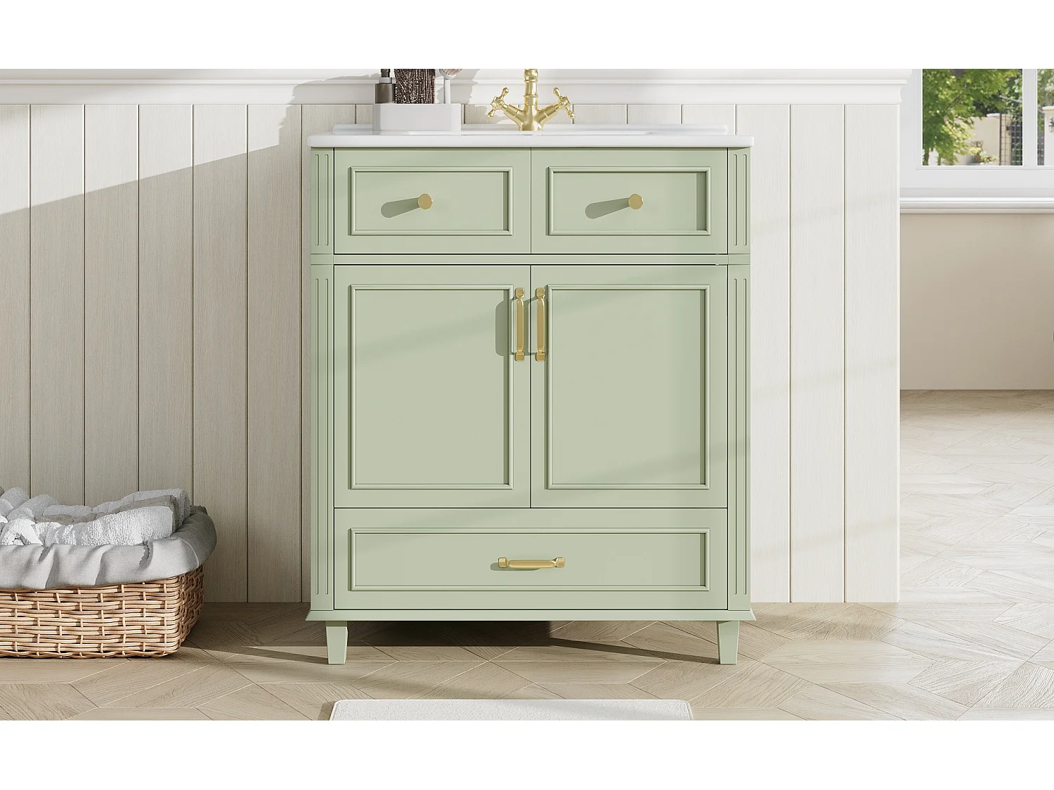 Meuble vasque en céramique de salle de bain - 81 x 45.5 x 86.5 cm - avec tiroir + portes - MDF - vert