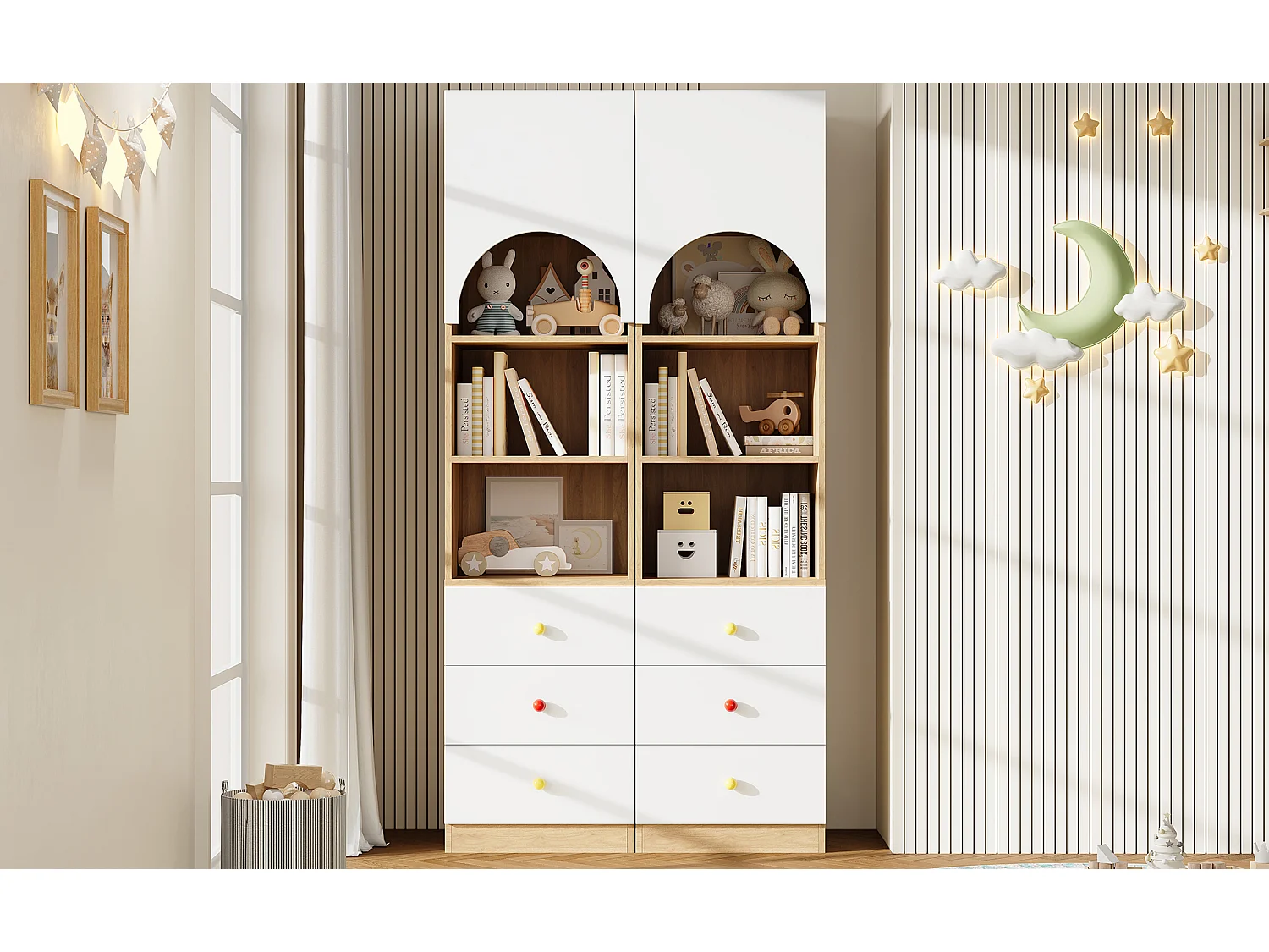 Set aus 2 mehrstufigen Bücherregalen – 2 x 50 x 50 x 200 cm – mit 6 Schubladen + Regalböden + 2 Türen – Holzoptik – MDF – weiß