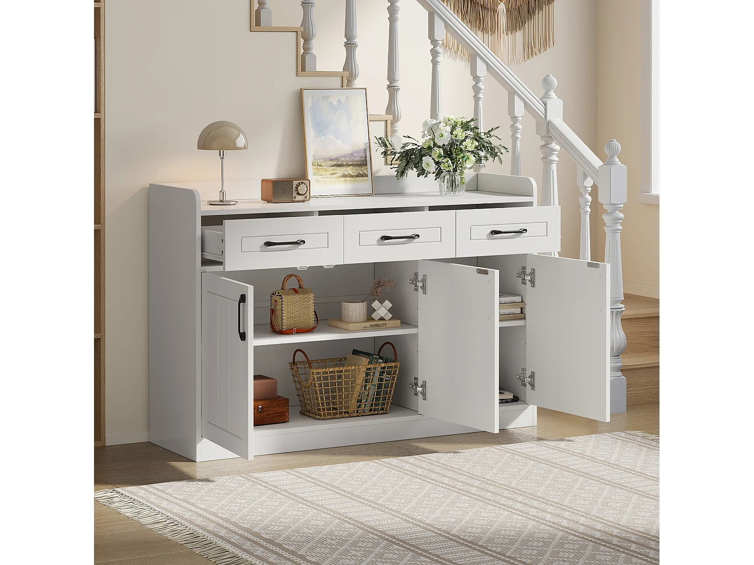 Buffet 120x35x80 cm - 3 tiroirs, 3 portes - Poignées et étagères réglables - Panneaux de particules - Blanc