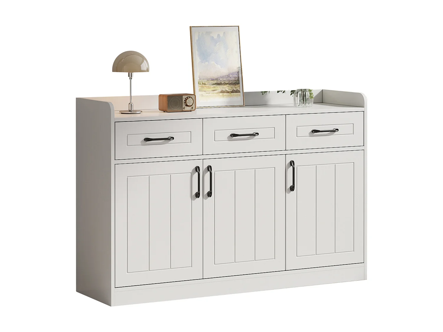 Buffet 120x35x80 cm - 3 tiroirs, 3 portes - Poignées et étagères réglables - Panneaux de particules - Blanc